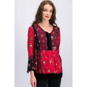 Style & Co Red Black Velvet Boho Patchwork Tunic Top Sz M Holiday Hippie Xmas